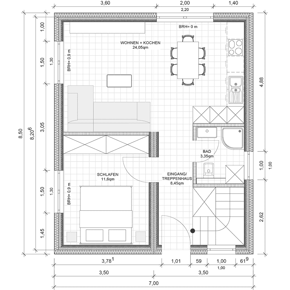 Grundriss vom Erdgeschoss vom Doppelstock Modulhaus DS-1