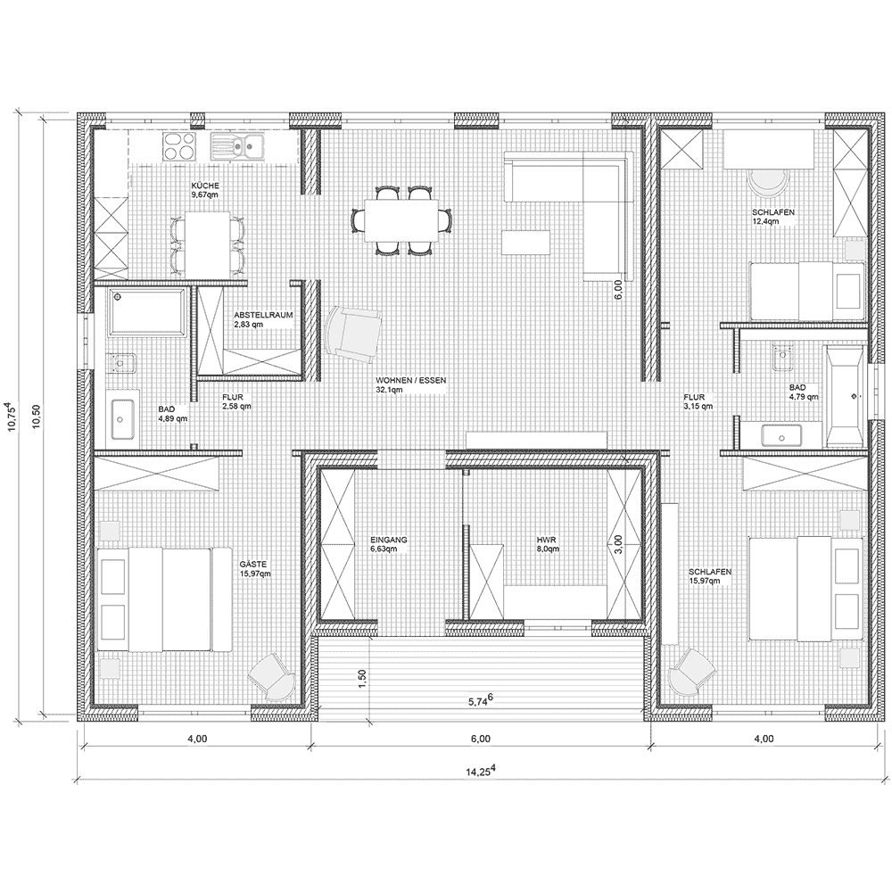 Grundriss des Bungalow Modulhaus E-5 von MDLhaus