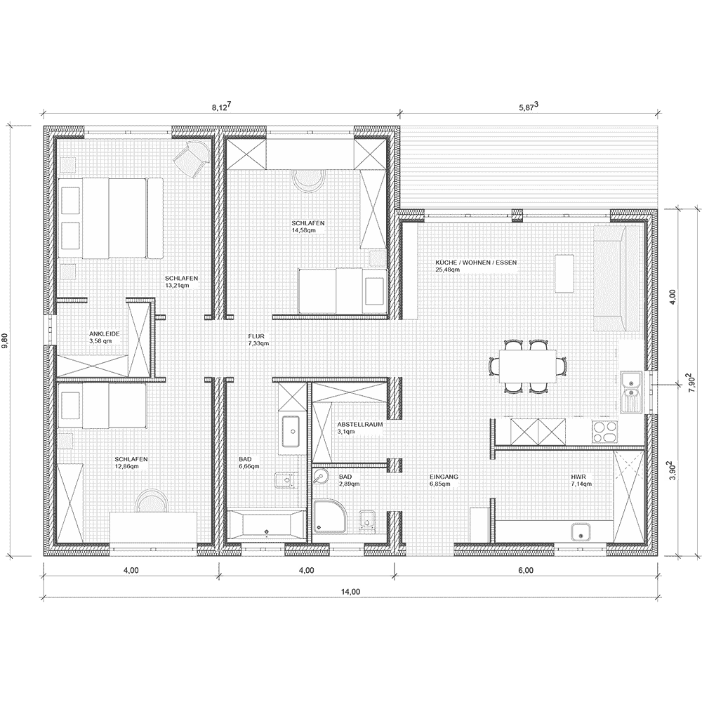 Grundriss von dem Bungalow Modulhaus E-3 von MDLhaus