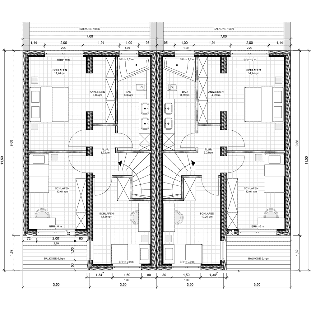 Grundriss des Obergeschosses vom modularen Reihenhaus F-1