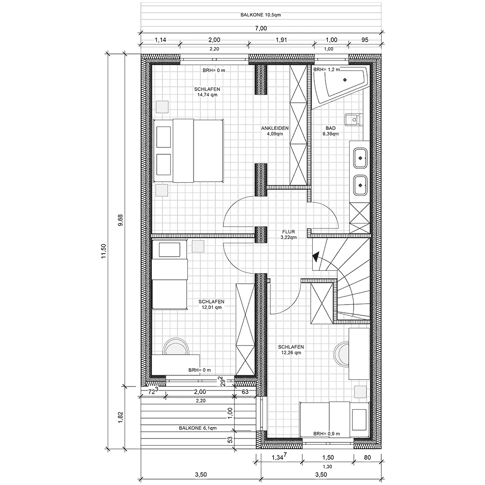 Grundriss vom Obergeschoss des doppelstöckigen Modulhauses von MDLhaus.