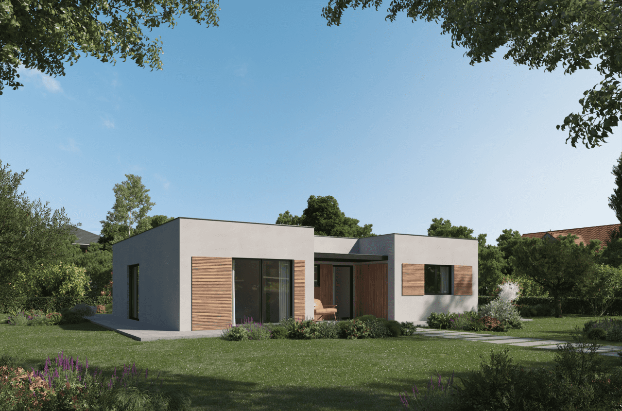 Außenansicht des Bungalow Modulhauses D-1. Fassade aus Rauputz und Holzpanelen.
