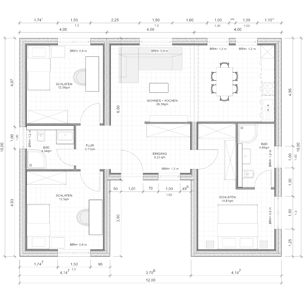 Grundriss des kompakten Modulhauses D-3. Das Haus setzt sich aus 3 Modulen zusammen und hat 3 Schlafzimmer, 1 große Wohnküche und zwei Bäder auf einer Wohnfläche von 80m2.
