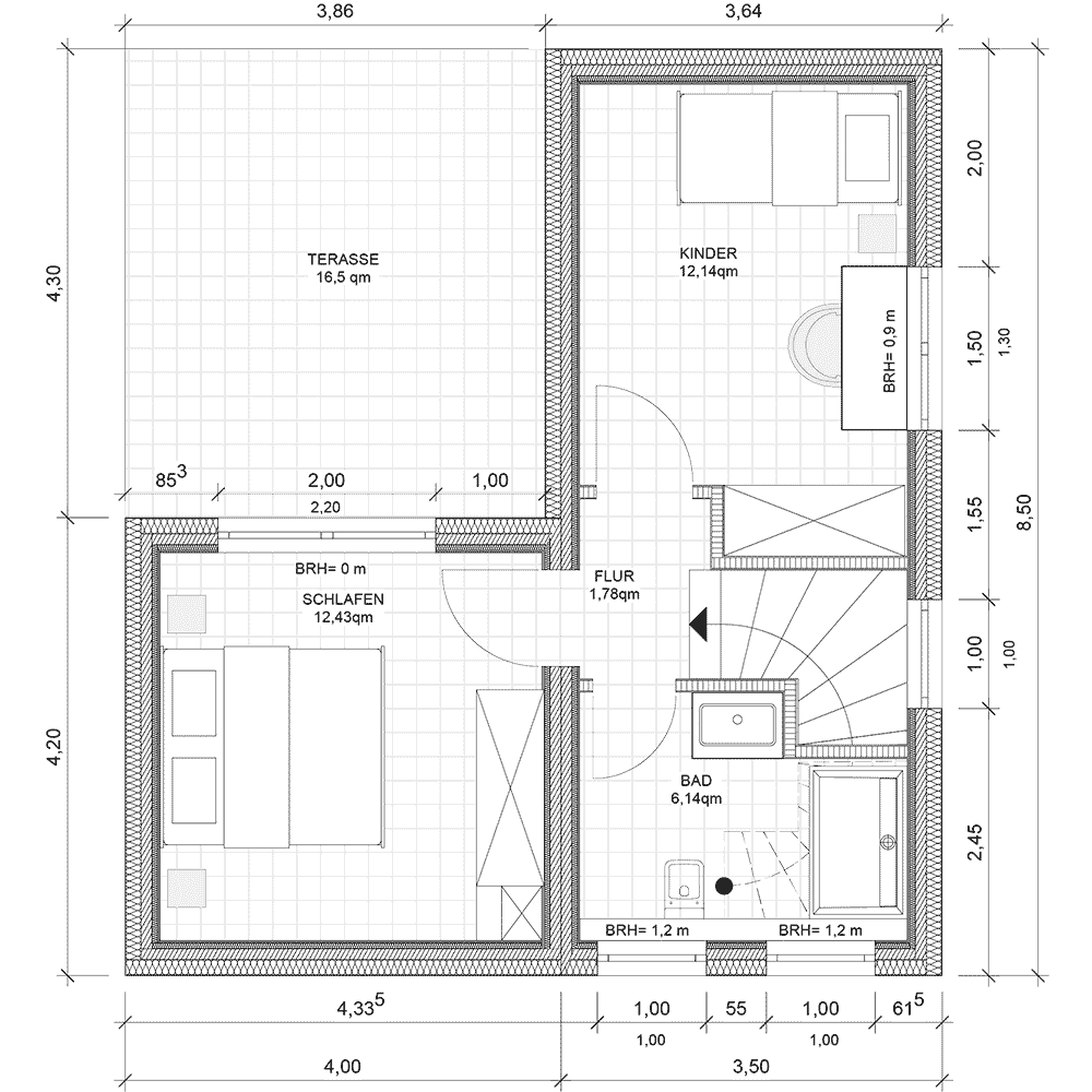 Grundriss des Obergeschosses vom Doppelstock Modulhaus DS-2