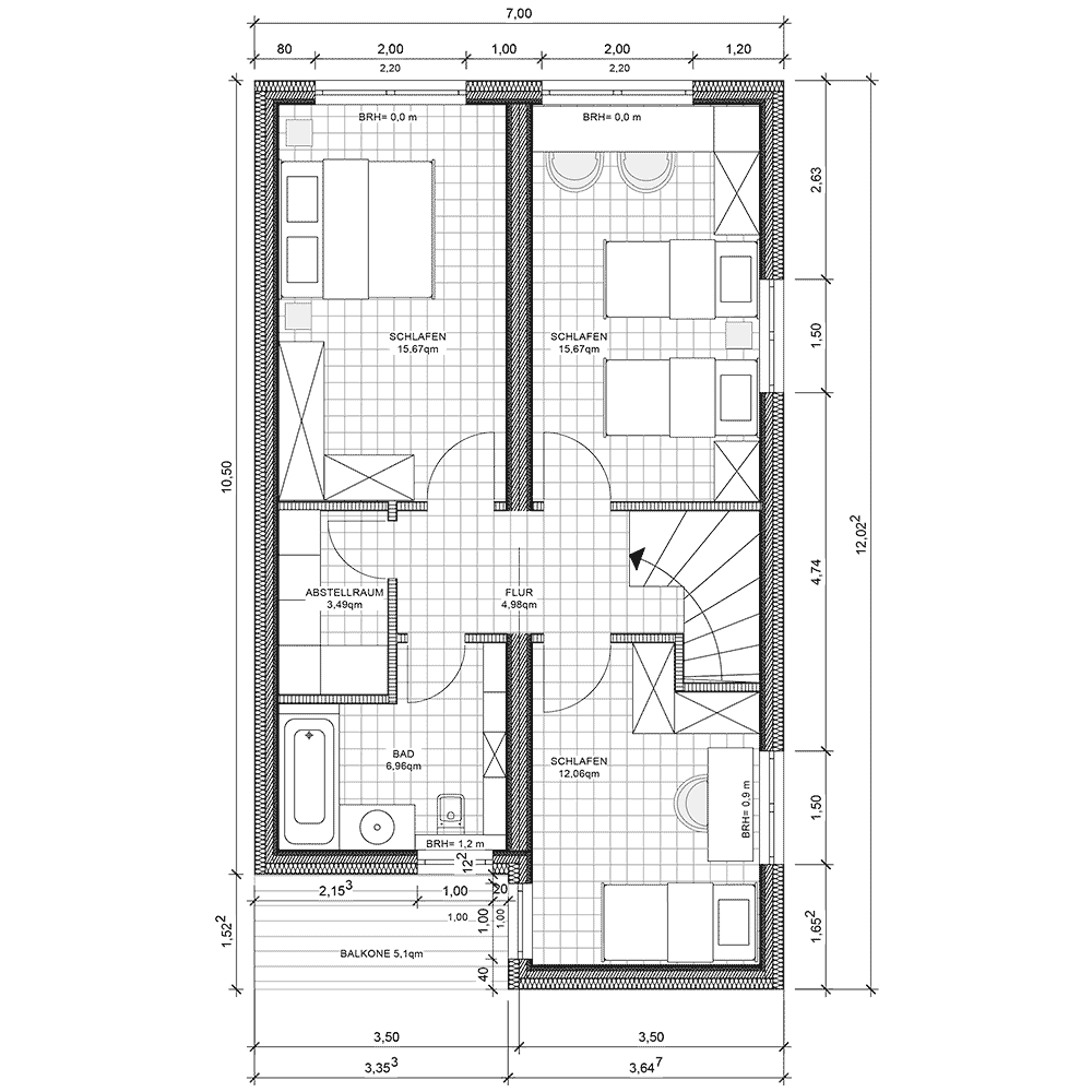 Grundriss vom Obergeschoss des doppelstöckigen Modulhauses von MDLhaus.