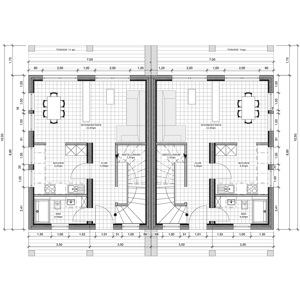 Grundriss vom Erdgeschoss vom modularen Reihen- und Doppelhaus F-2