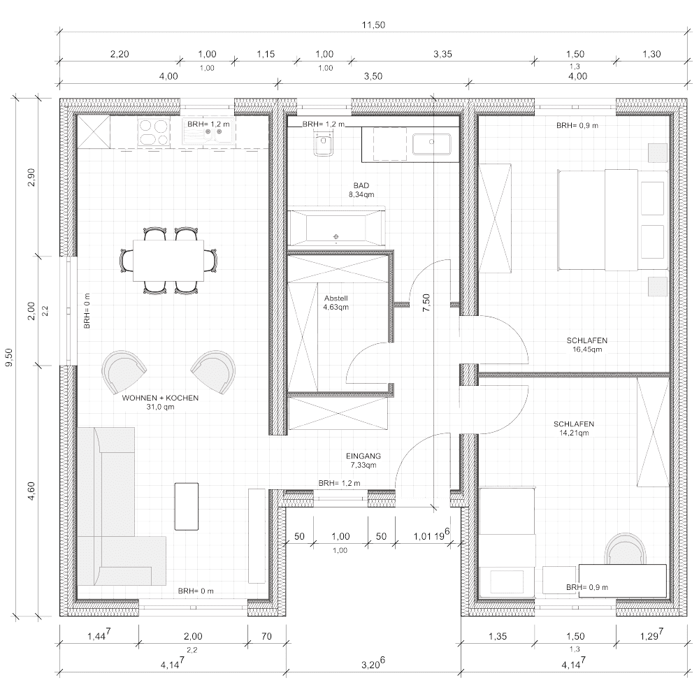 Grundriss von dem Bungalow Modulhaus D-1 mit einer Wohnfläche von 80m2.