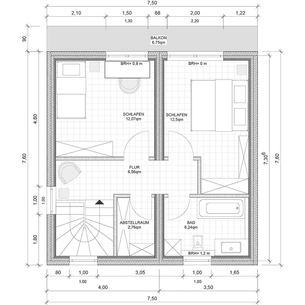 Grundriss vom Obergeschoss des doppelstöckigen Modulhauses von MDLhaus.