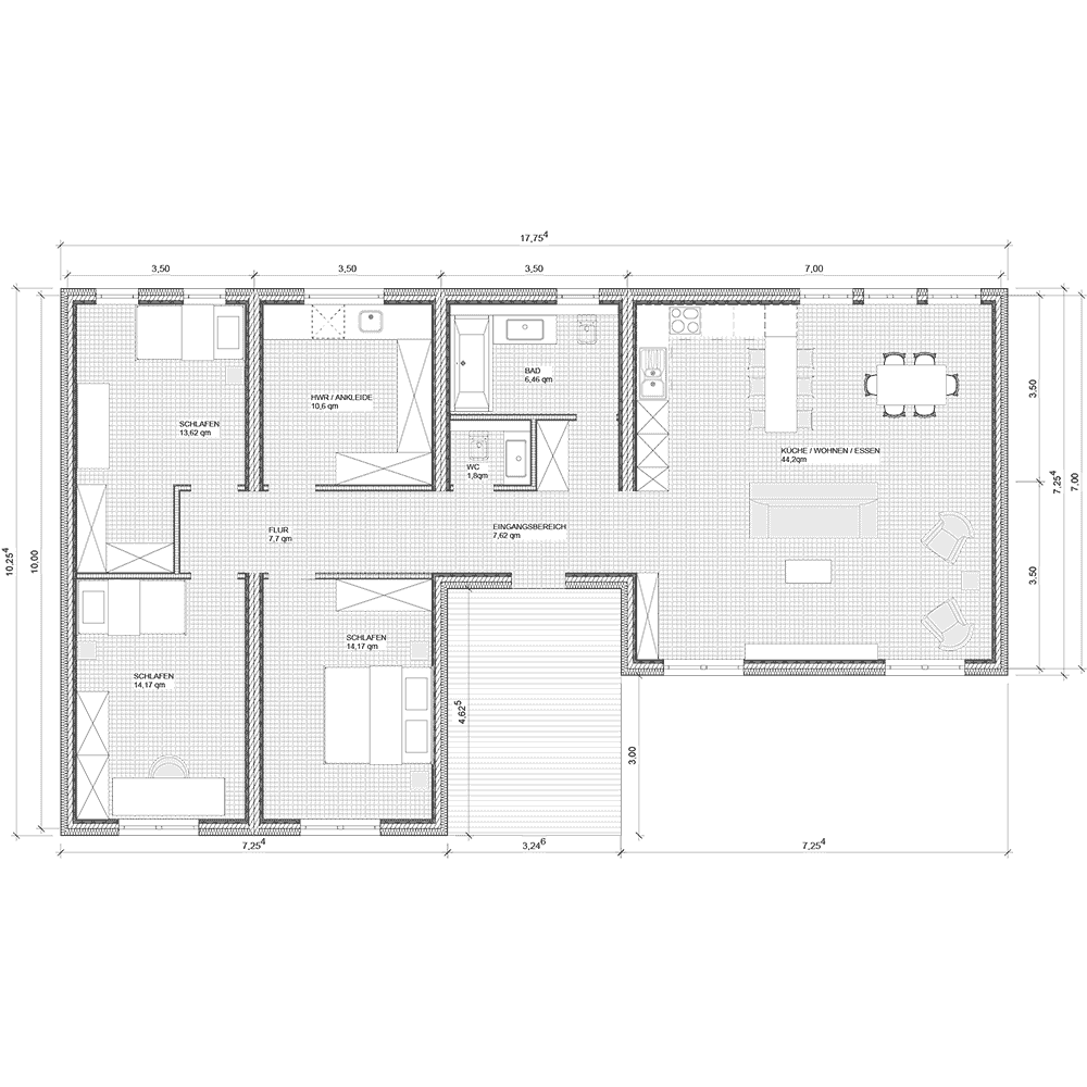 Grundriss vom Bungalow Modulhaus E-4 von MDLhaus