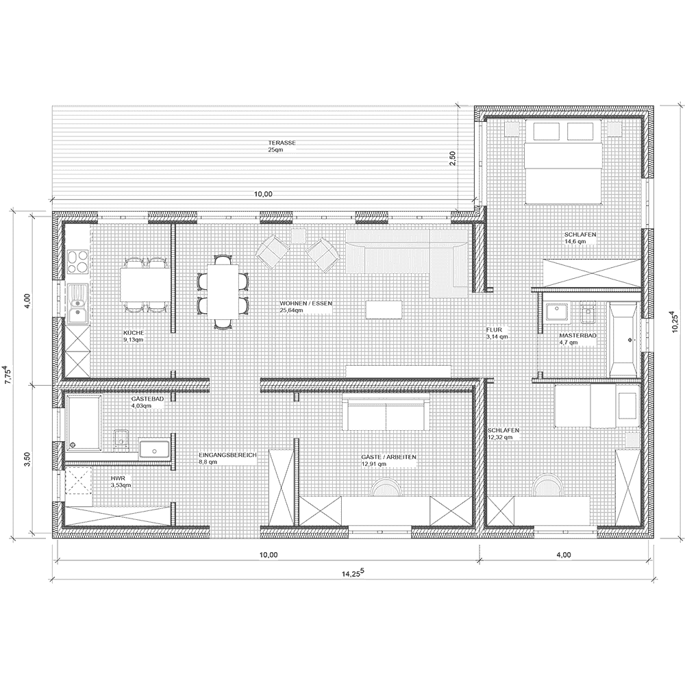 Grundriss des Bungalow Modulhaus E-1 von MDLhaus