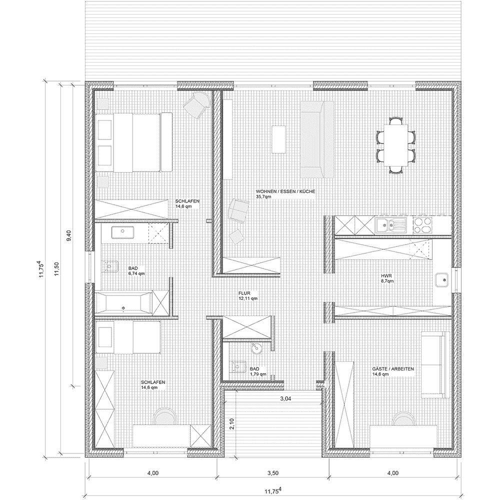 Grundriss von dem Bungalow Modulhaus E-2 von MDLhaus