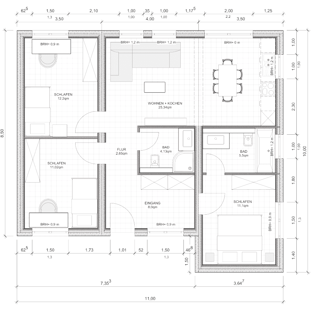 Grundriss von einem Modulbaus aus 3 Modulen, mit 3 Schlafzimmern und 2 Bädern und einer großen Wohnküche.