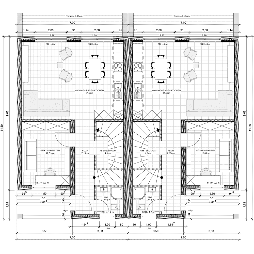 Grundriss vom Erdgeschoss vom Mehrfamilien Modulhaus F-1